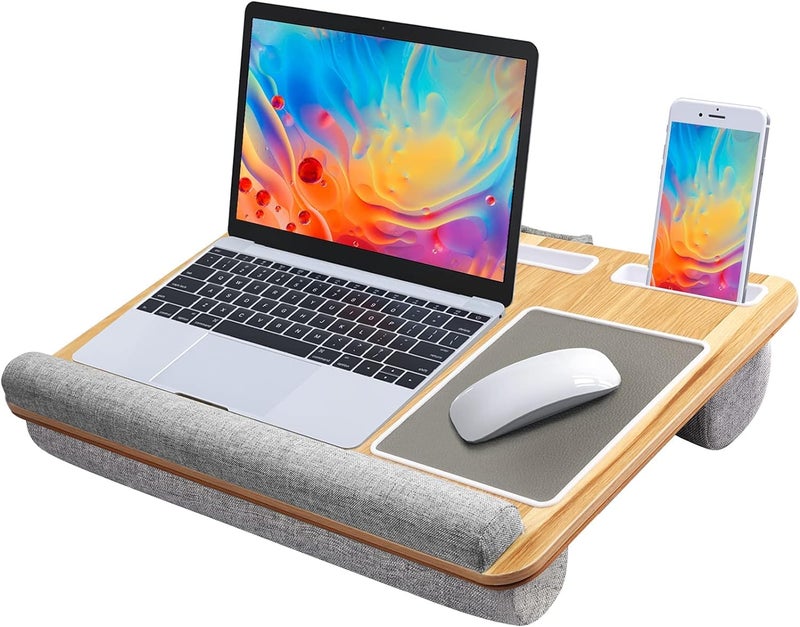 HUANUO Lap Desk - Fits up to 17 inches Laptop Desk, Built in Mouse Pad & Wrist Pad for Notebook, Laptop, Tablet, Lap Stand with Tablet, Pen & Phone Holder, Wood Grain - Image 1